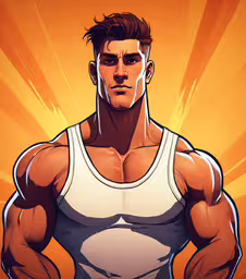 an animated avatar showing a muscle man, in front of a sunset background,the character in this video game is wearing white
