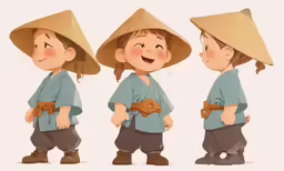three images show a little boy wearing big hats