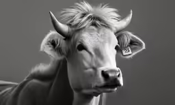 a black and white photo of a cow with long hair