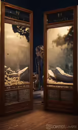 a child standing in front of a display with artwork