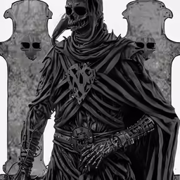 a scary man dressed as a skeleton standing in front of tombstones