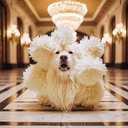 a dog standing in a lobby with its hair blown back