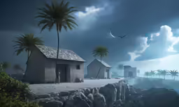 a very small house and some palms trees