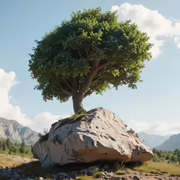 the tree is growing on top of the large rock