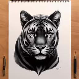 a black and white drawing of a tiger