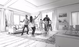 a black and white photo of a man and a woman standing in the living room