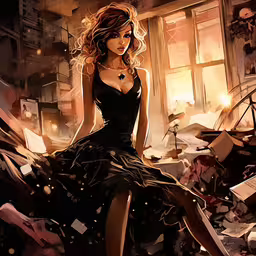 a woman in black dress sitting on floor,a painting of a girl in black