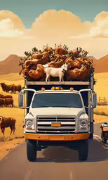 a truck with a load of cattle on the back driving down a desert road,a truck traveling down a desert highway full of brown cows