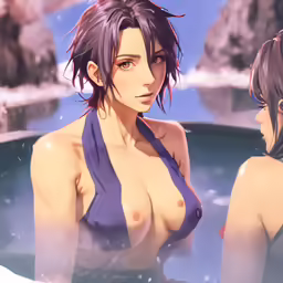 two nude women standing in a body of water