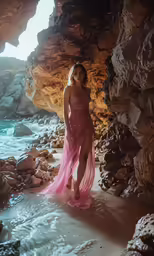 a young woman in a pink dress is standing on rocks