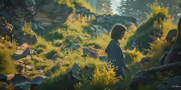the young girl is standing in the tall grass near rocks