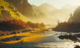 a stream flows through a mountainous region during autumn