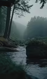a stream with rocks and trees in the background