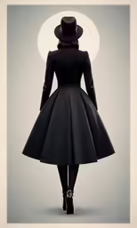 a girl in a black dress and hat standing with her back to the camera