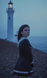 the woman is standing near the light house