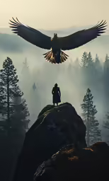a lone man on top of a hill with his bird flying above
