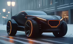 a futuristic black car parked on top of a street