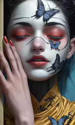 a woman with face paint and butterflies painted on her face