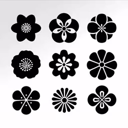 five stylized flowers in black and white with swirls,flower design by designerartia on devioon