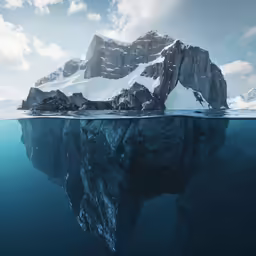 an island in the middle of water with mountain in the background
