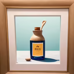 a photo of a bottle and spoon with blue and yellow background