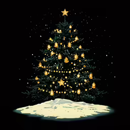 christmas tree with golden lights in the snow