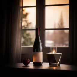 a bottle, glass and candle sitting on a table by a window