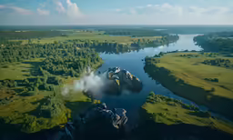 a river is flowing into the sky near a grassy field and trees