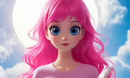 the image shows a pink haired girl with long bangs and blue eyes