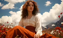 a beautiful woman in a white shirt and orange skirt posing for a photo