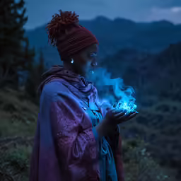 a woman in purple jacket holding up lit items