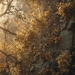 the sun is shining in the background and there are branches in front of the wall