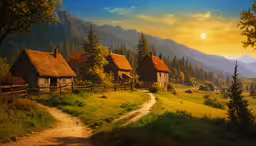a painting of two cottages with trees and mountains in the background,an artwork depicting small houses with dirt roads
