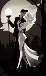 a bride and groom are walking under the moonlight