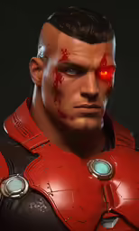 a close up of a man in armor with red eyes