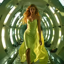 woman in yellow dress walking on an illuminated tunnel