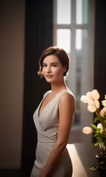a beautiful woman posing in an elegant white dress