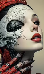 a woman wearing an artificial face mask