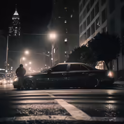 two men riding bikes down a dark street in the middle of a city