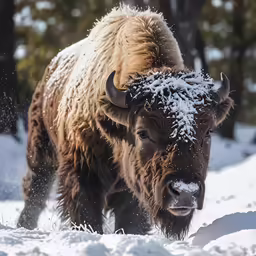 a buffalo has some white snow on it