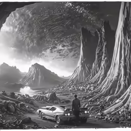 black and white photo of a man on his car in a huge rock cave