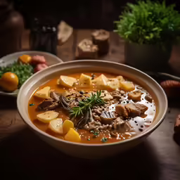 two bowls filled with soup and vegetables sitting on a table