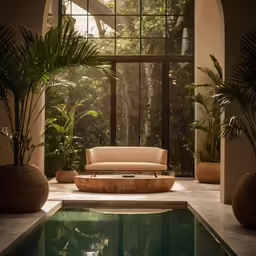 the sofa is positioned beside a swimming pool and patio