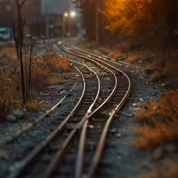 railroad tracks with lights behind them on a foggy day