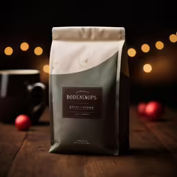 a bag of coffee on a table with lights