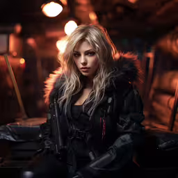 a beautiful blond woman in leathers posing,an attractive blonde sitting on a bench wearing black