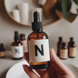 a person is holding up a brown bottle