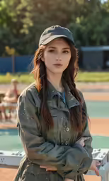 a beautiful woman wearing a hat and jacket