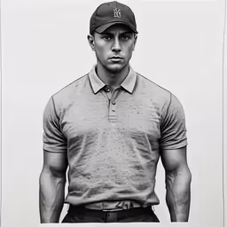 a man wearing a hat and polo shirt poses