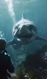 a man looks at a big fish while a smaller shark swims nearby